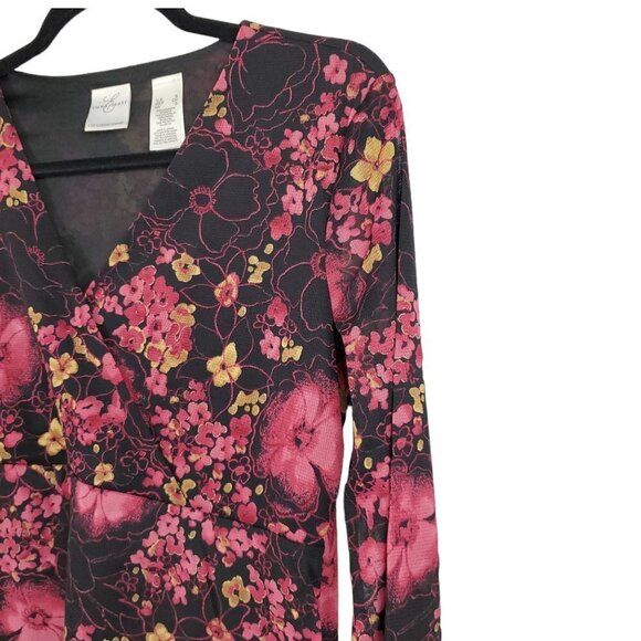 💎303 Emma E James by Liz Claiborne Black Floral Wrap Sheer Sleeve Top - Picture 3 of 8
